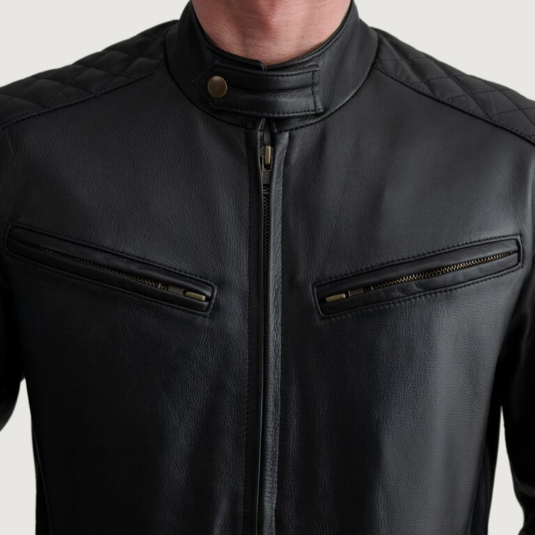 Mens Sven Black Leather Bomber Jacket Close-Up-9-1724139960084